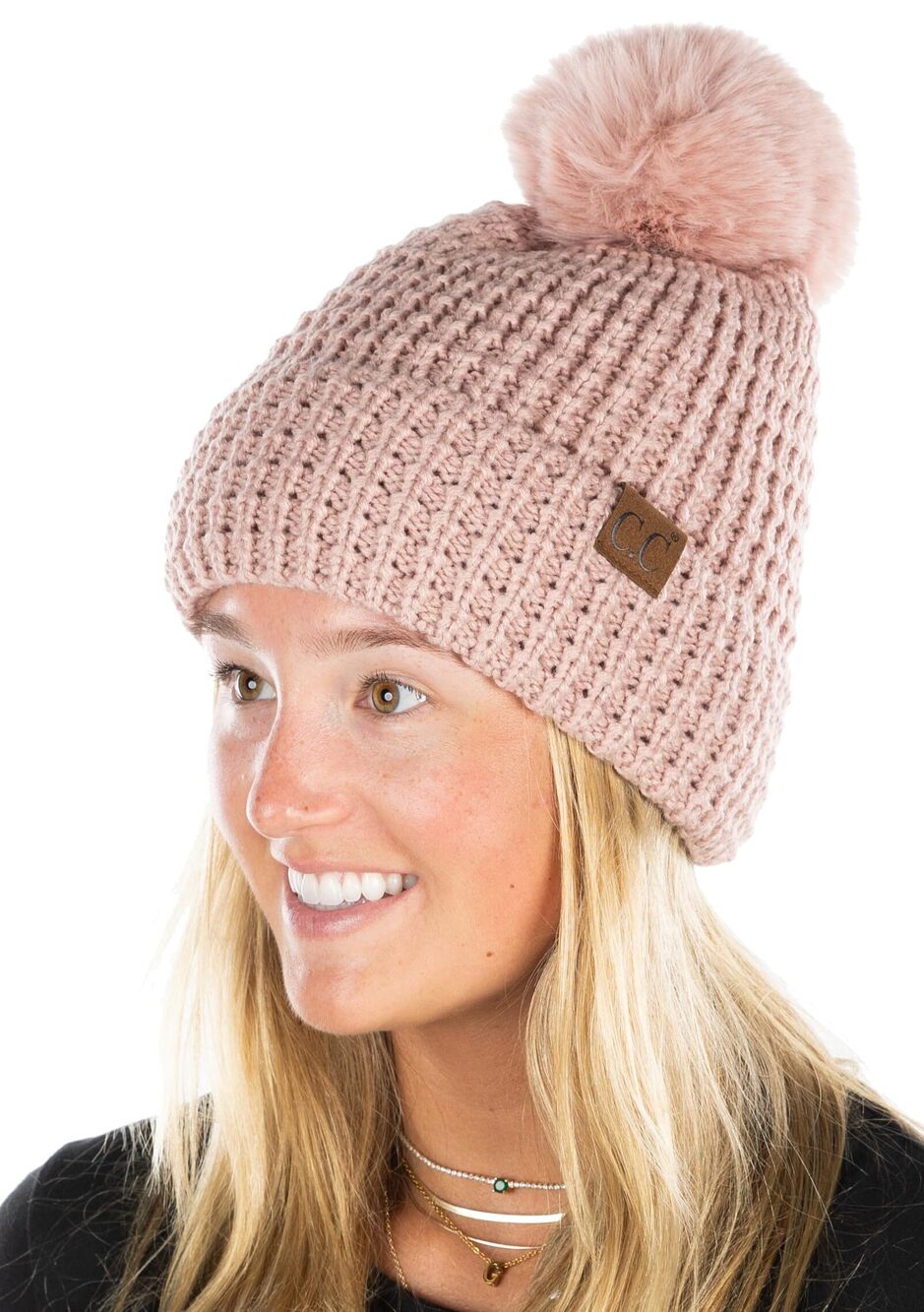 1275 Faux Fur Pom Hat: Waffle Knit - Rose